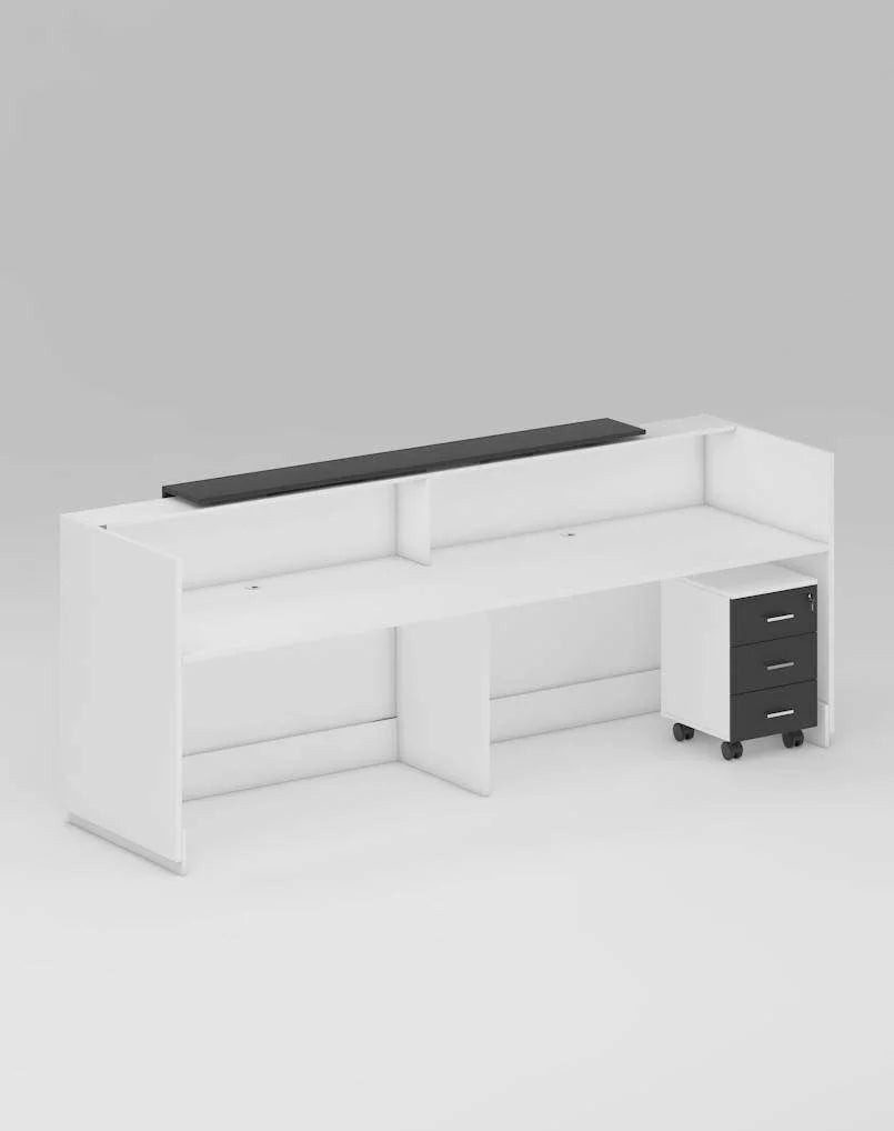 تصميم كاونتر استقبال خشب MDF مستورد باللونين الأبيض والأسود بأبعاد 200×60×110 سم