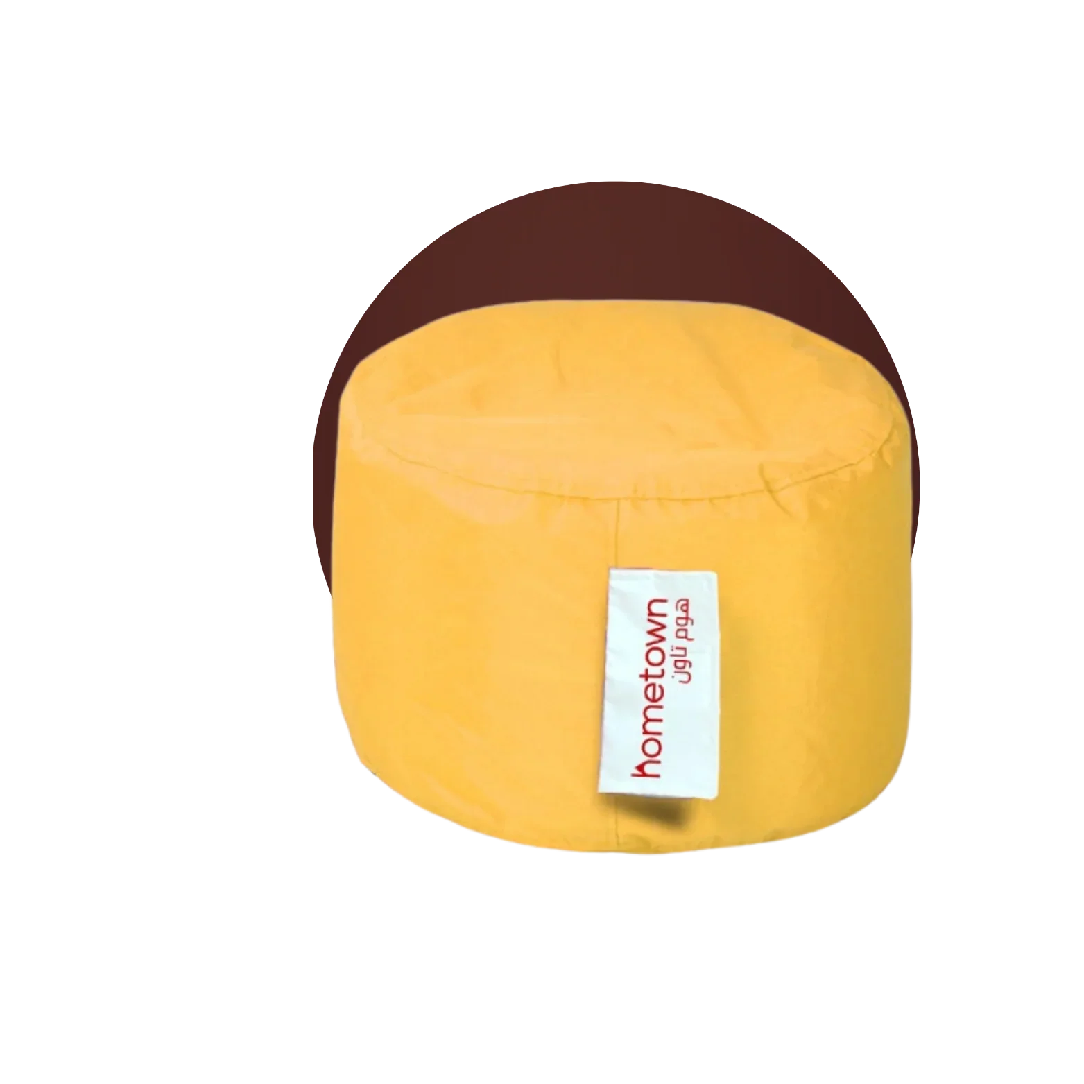 modern yellow fabric pouf with label, contemporary office or home furniture, high quality finish