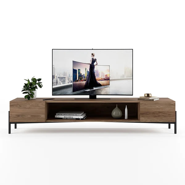 طاولة تليفزيون مودرن خشبية مقاس 200×40×40 سم مع شاشة وديكورات منزلية، من Fekra Home.