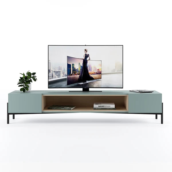 رف معلق عصري خشبي مقاس 200×40 سم أسفل شاشة تليفزيون مع ديكورات، من Fekra Home.