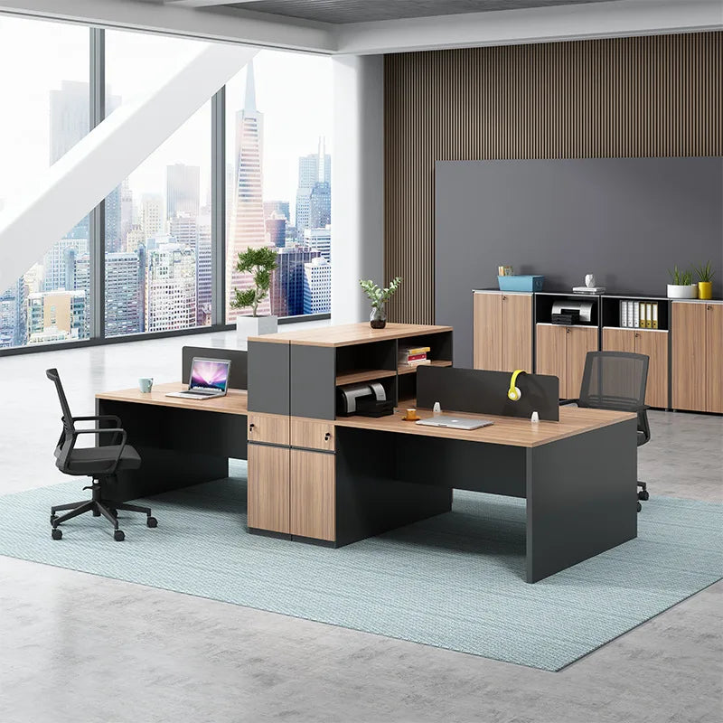 ​خلية عمل مكتبية مودرن 4 أفراد كود FK-016 مقاس 120×300 سم من خشب MDF ملزوق ميلامين مقاوم للماء والحرارة مع وحدات تخزين