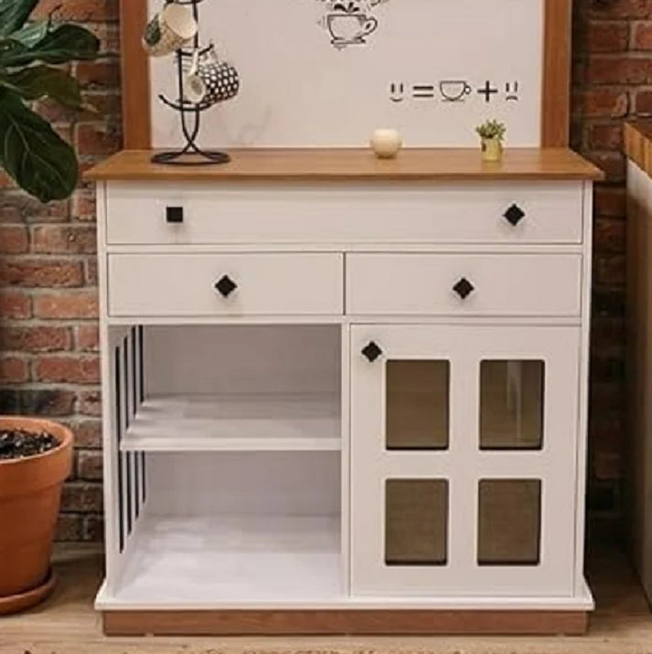 طاولة كوفي كورنر خشب MDF مقاوم للماء مع أرفف زجاجية وأدراج ضيافة - Fekra Home