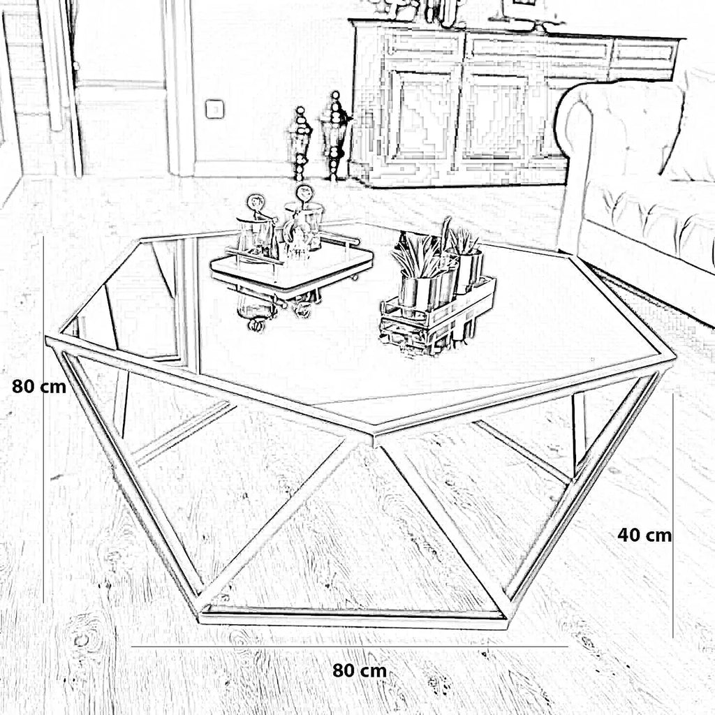 مخطط توضيحي لأبعاد ترابيزة وسط مودرن ستيل وزجاج مقاس 80×80 سم وارتفاع 50 سم