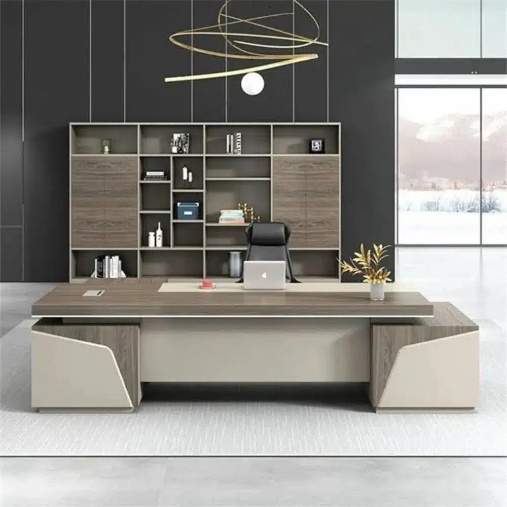 ​مكتب مدير مودرن فخم كود FK-057 مقاس 220×85 سم مصنوع من خشب MDF ملزوق ميلامين مقاوم للماء والحرارة