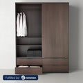 دولاب ملابس بني مودرن عرض 120 سم بضلف مفتوحة يوضح مساحة التعليق والشماعة Modern brown wardrobe 120cm front view with clothes