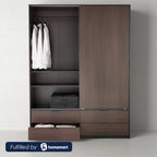 دولاب ملابس بني مودرن عرض 120 سم بضلف مفتوحة يوضح مساحة التعليق والشماعة Modern brown wardrobe 120cm front view with clothes