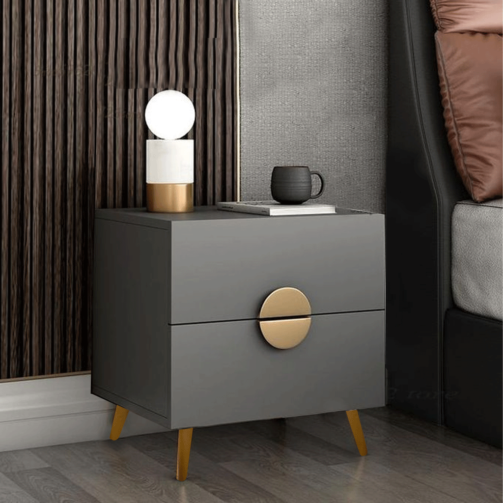 كومودينو مودرن رمادي بلمسات وأرجل ذهبية أنيقة Grey modern nightstand with elegant gold legs and accents