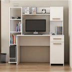 واجهة أمامية لمكتب دراسة مودرن أبيض يوضح مساحة سطح العمل وتوزيع الرفوف والتخزين Front view of white modern study desk showing workspace and shelving