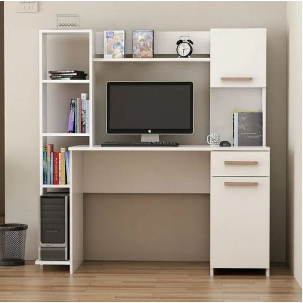 واجهة أمامية لمكتب دراسة مودرن أبيض يوضح مساحة سطح العمل وتوزيع الرفوف والتخزين Front view of white modern study desk showing workspace and shelving