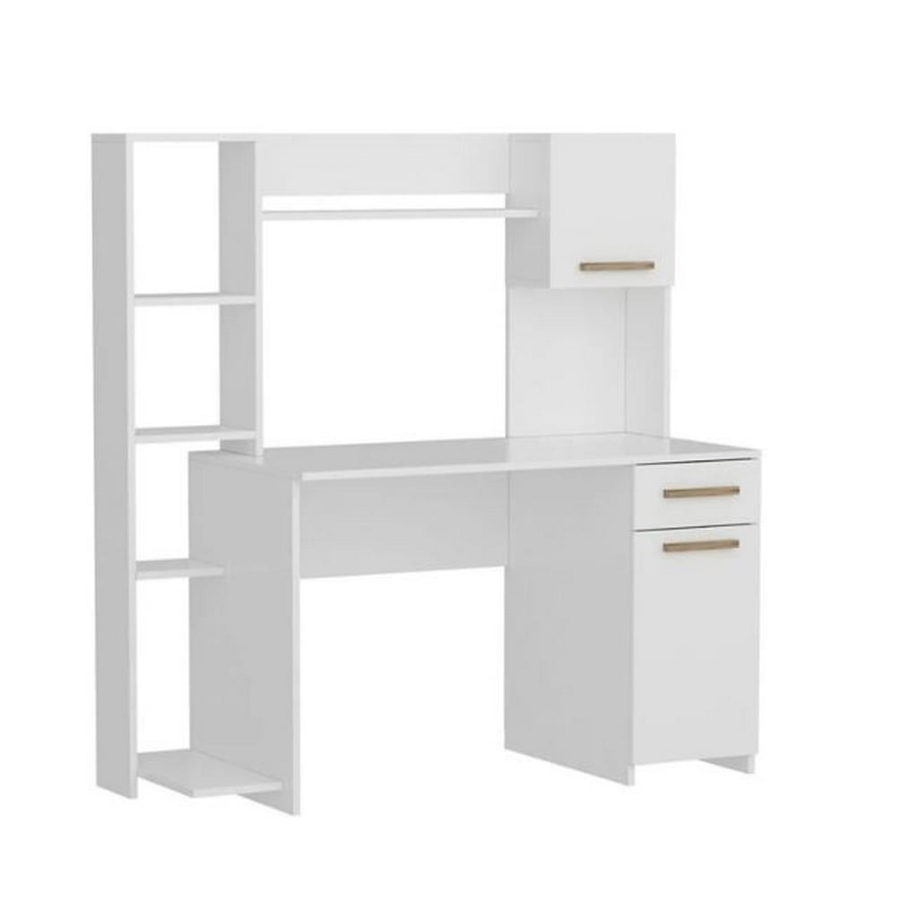 صورة مقربة لجزء من مكتب دراسة مودرن أبيض تظهر جودة الخامة وخطوط التصميم النظيفة Close-up of white modern study desk detailing design and material