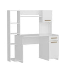 صورة مقربة لجزء من مكتب دراسة مودرن أبيض تظهر جودة الخامة وخطوط التصميم النظيفة Close-up of white modern study desk detailing design and material