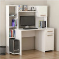 مكتب دراسة وعمل مودرن أبيض مع وحدة رفوف علوية وجانبية ودولاب صغير Modern white study desk with upper and side shelves and small cabinet side view