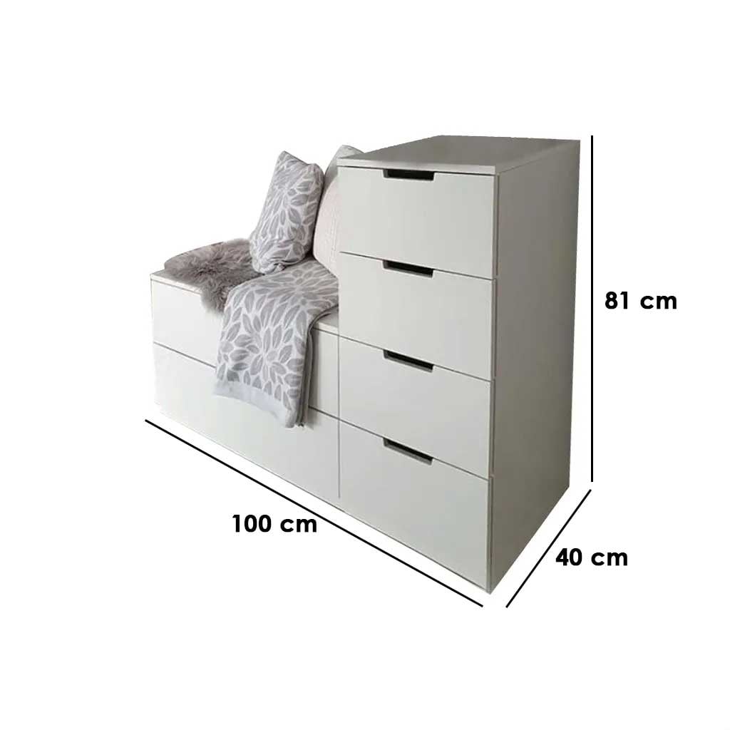 لقطة جانبية لوحدة أدراج مودرن بيضاء توضح التقسيم الداخلي والارتفاع Side view of white modern chest of drawers showing internal layout