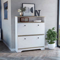 جزامة أحذية مودرن خشب MDF أبيض وبيج 2 درج قلاب ورف علوي مفتوح Modern white and beige shoe cabinet with 2 flip drawers