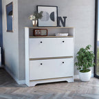 جزامة أحذية مودرن خشب MDF أبيض وبيج 2 درج قلاب ورف علوي مفتوح Modern white and beige shoe cabinet with 2 flip drawers