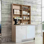 ركنة قهوة مودرن خشب أبيض وبيج مع رفوف تخزين علوية ومساحة تحضير القهوة Modern white and beige coffee corner cabinet with top shelves