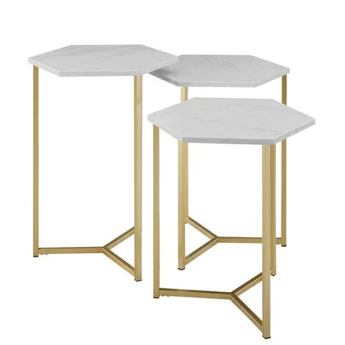 modern hexagonal nesting tables with white tops and gold metal legs, detailed office or home furniture
