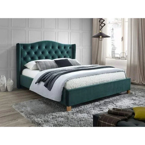 modern upholstered bed with tufted headboard in stylish bedroom, high-quality details