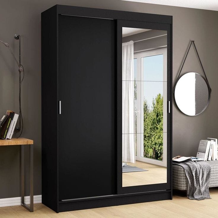 دولاب ملابس جرار أسود مودرن عرض 120 سم مزود بمراية طويلة في ضلفة واحدة لغرف النوم Modern black sliding wardrobe 120cm with mirror