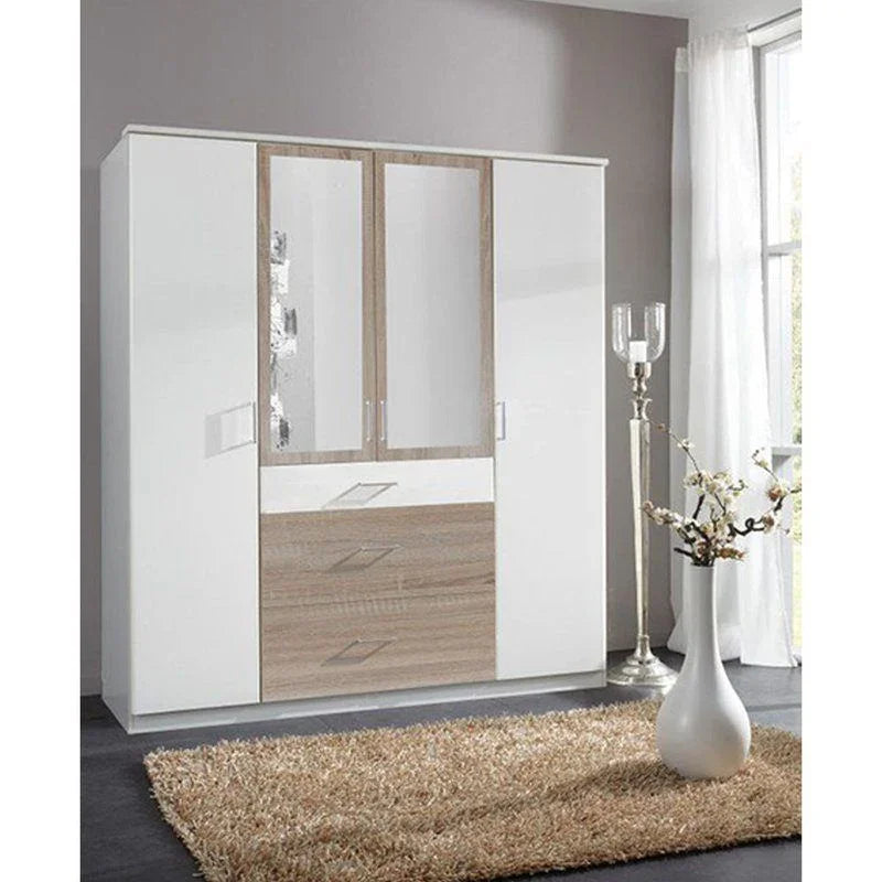 Modern wooden and white wardrobe with mirrored doors, high-quality office and home furniture