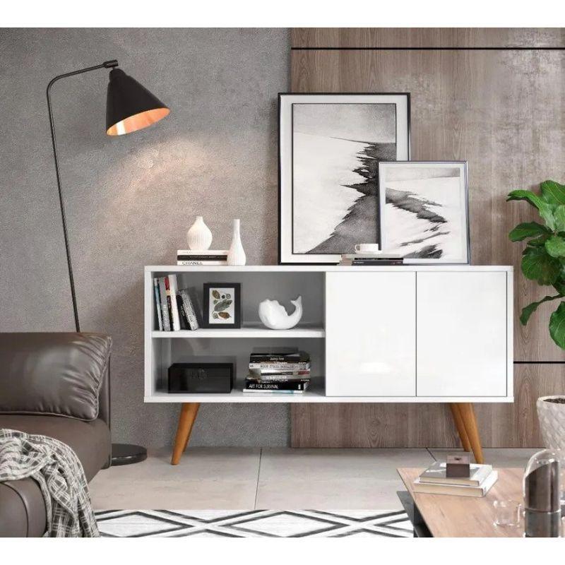 modern office and home furniture, white sideboard with shelves, wooden legs, minimal decor