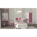 Modern kids bedroom furniture set in white and pink, includes bed, wardrobe, desk, and nightstand, crafted with high-quality materials and precise details.