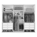Modern wardrobe with organized clothes, drawers, shelves, and accessories in a detailed design