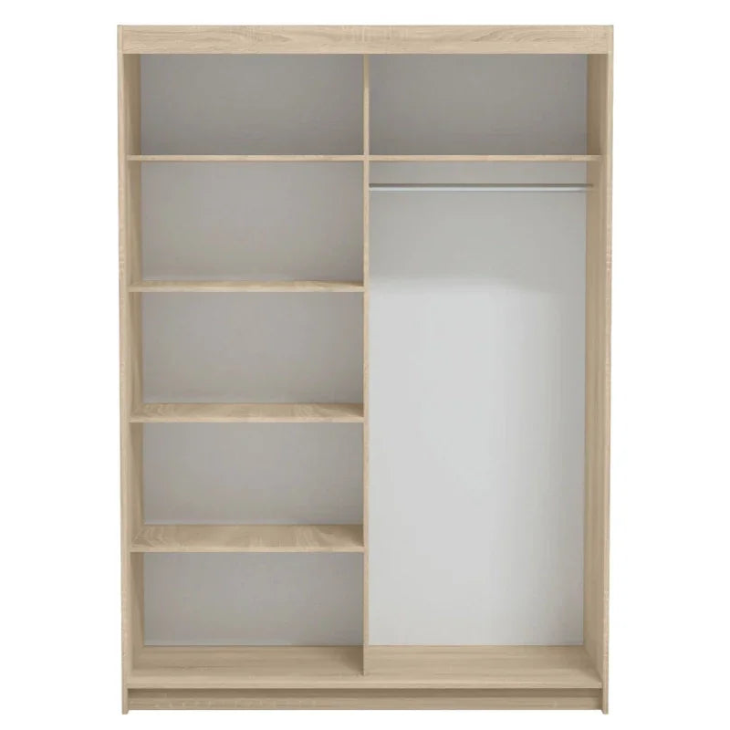 modern wooden wardrobe with shelves and hanging space, high quality, detailed craftsmanship