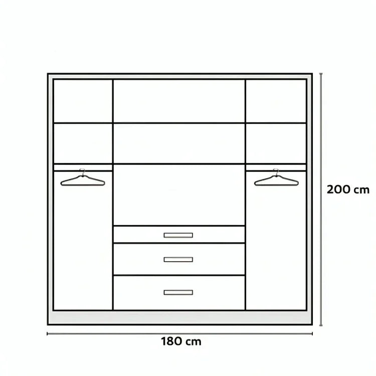 Modern office or home wardrobe design with detailed compartments, shelves, drawers, 200x180 cm, high quality