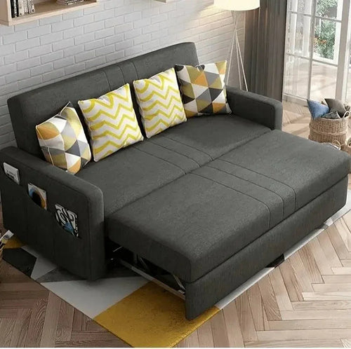 Modern gray sofa bed with geometric and chevron cushions, ideal for home or office spaces, high quality design