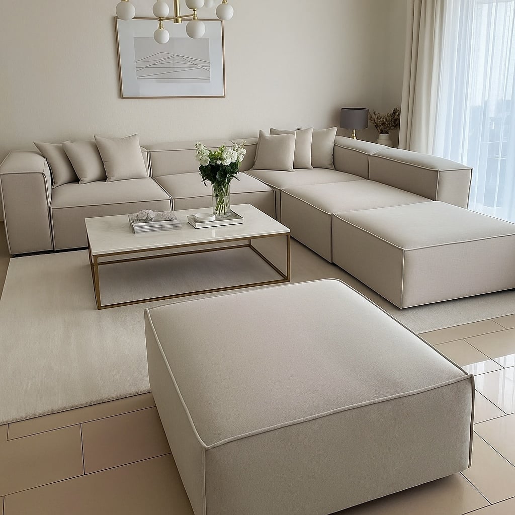 طقم ركنة مودرن حرف L بلون بيج من قماش الكتان مع 2 بوف خشب طبيعي وترابيزة وسط Modern beige linen L-shaped sofa with 2 ottomans and table