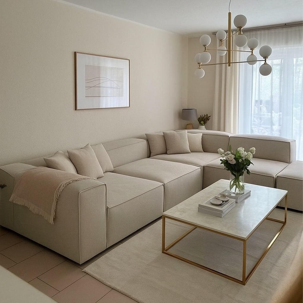 صورة مقربة لطقم ركنة كتان بيج مودرن تظهر ملمس القماش وجودة التنجيد وتوزيع الخداديات Close-up of beige modern linen sofa texture and upholstery