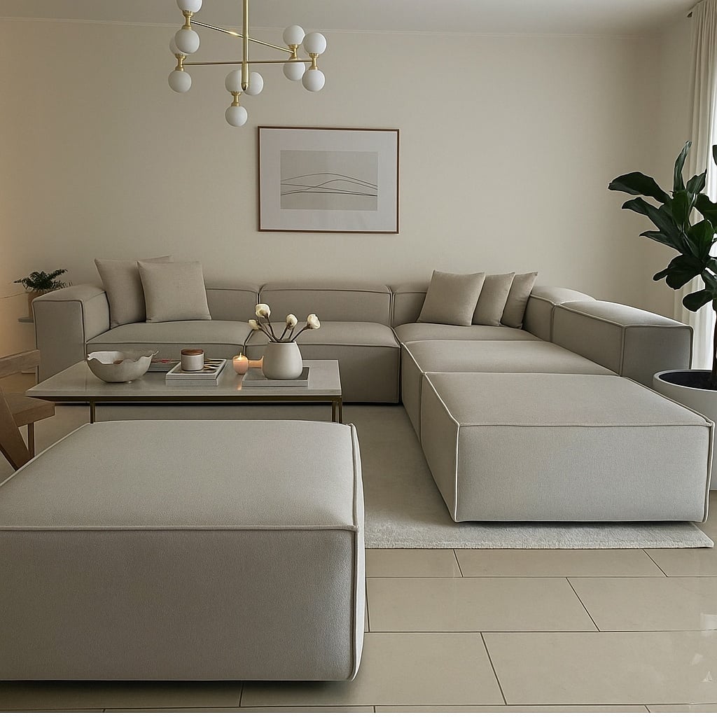 لقطة جانبية لركنة مودرن بيج كتان توضح عمق المقاعد وتفاصيل مسند الذراع والخداديات Beige modern sofa side view showing depth and pillows