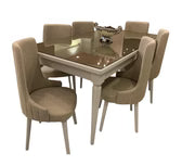 Modern beige dining room set with glass table and upholstered chairs, perfect for home or office.