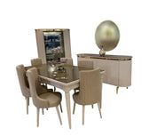Modern white dining room set with lined chairs, stylish vitrine, and sideboard, perfect for elegant home decor.