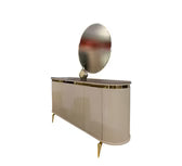 Modern white sideboard with round mirror and gold accents, crafted with high quality details