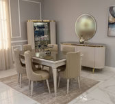 Modern white dining room set with glass vitrine, elegant chairs, and sideboard في غرفة عصرية