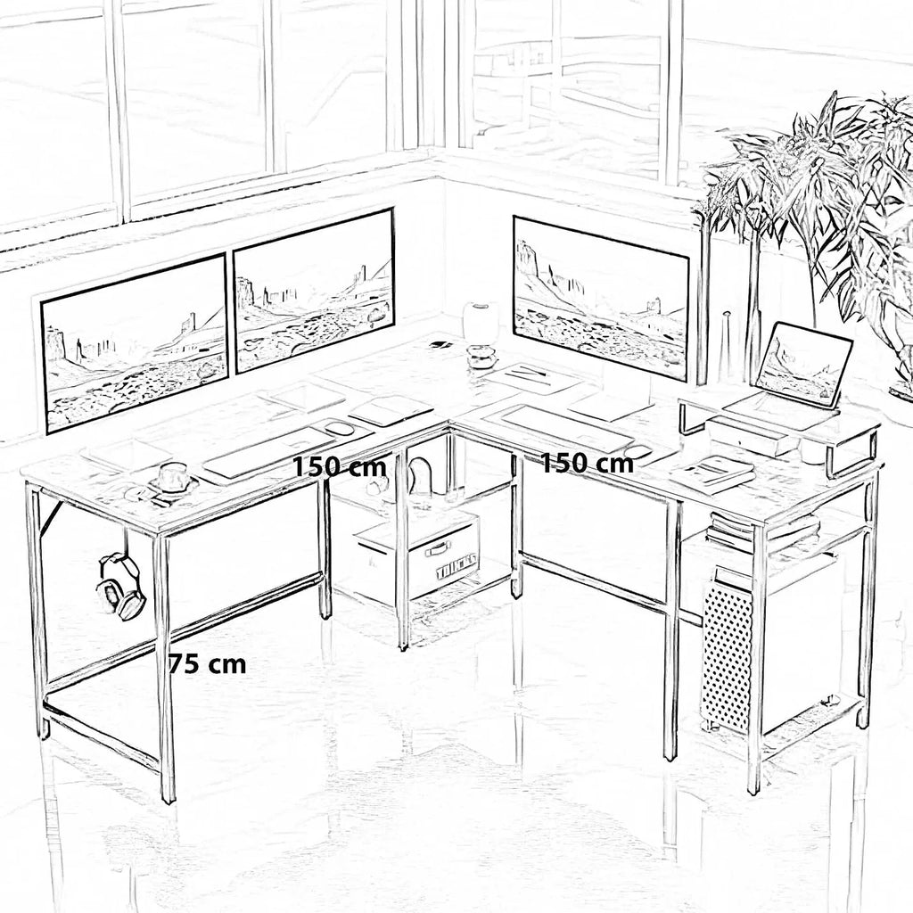 مكتب عمل زاوية خشبي بحرف L بشاسيه معدني مقاس 150×150 سم