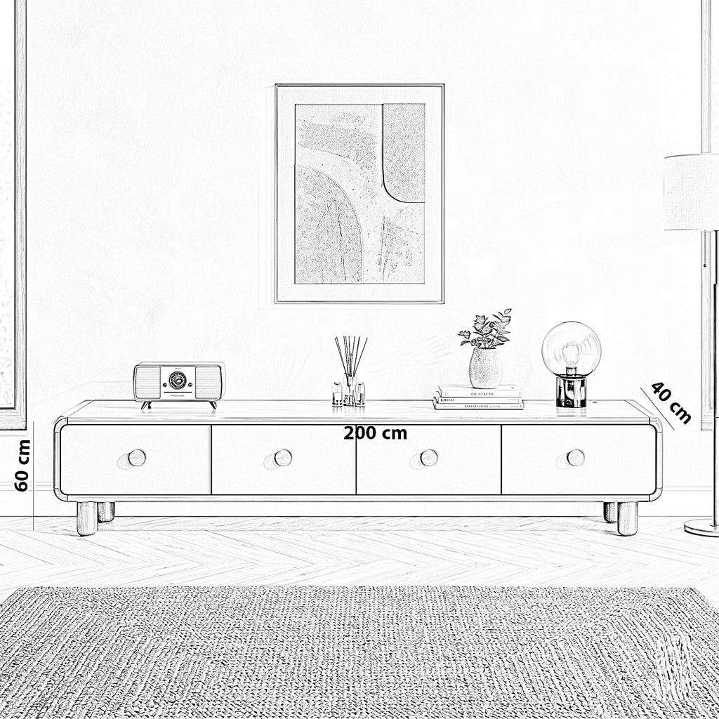 صورة توضيحية لأبعاد ومقاسات وحدة تلفزيون مودرن (200×40×60 سم)