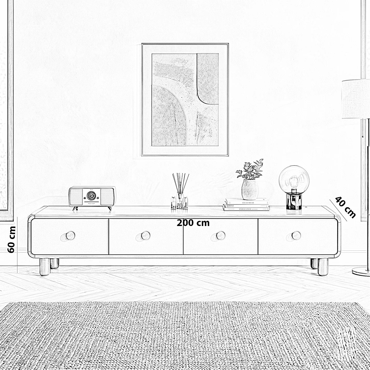 صورة توضيحية لأبعاد ومقاسات وحدة تلفزيون مودرن (200×40×60 سم)