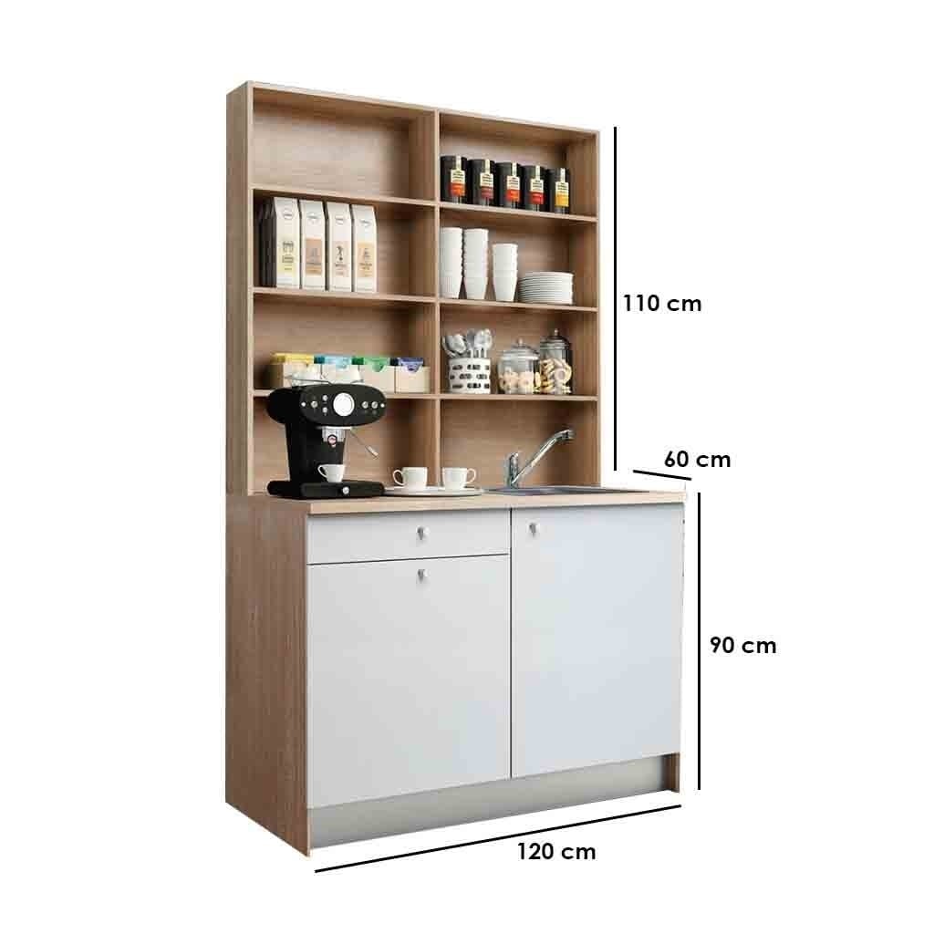لقطة توضح الجزء السفلي والباب المنزلق لركنة القهوة المودرن بلون أبيض وبيج Side and lower view of white and beige coffee bar with sliding door